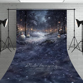 Aperturee - Aperturee Snowy Winter Night with Snowmen Sweep Backdrop Magical Forest with Lanterns Christmas Photo Floor Drop